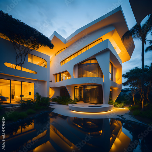 house in the night, modern organic style, bali indonesian ,white color building structure, entering orange, genrate AI photo