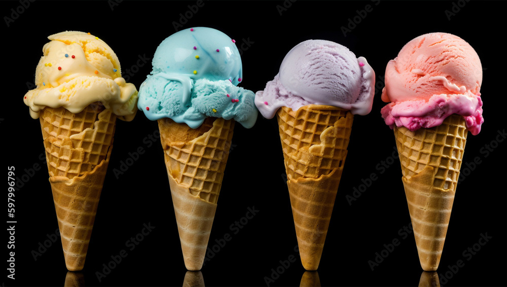 A row of ice cream cones with different flavors on them, AI Generative
A row of ice cream cones with different flavors on them, AI Generative