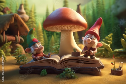 Illustration of cute dwarfs elf and mushrooms in the forest. Generative Ai.	