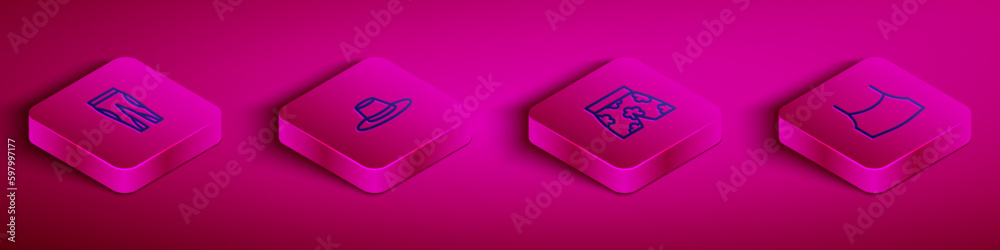 Set Isometric line Leggings, Man hat, Swimming trunks and Female crop top icon. Vector Set Isometric line Leggings, Man hat, Swimming trunks and Female crop top icon. Vector
