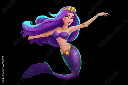 A beautiful mermaid with a crown, purple hair and a pirple fishtail isolated on a black background. Fantasy woman. Banner for world oceans day or World Water Day. created with generative ai photo