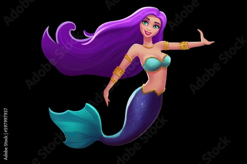 A beautiful mermaid with purple hair and a pirple fishtail isolated on a black background. Fantasy woman. Banner for world oceans day or World Water Day. created with generative ai photo