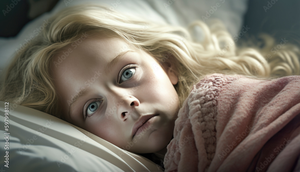 Ill child lying in bed with fever and discomfort. Generative AI illustrations Ill child lying in bed with fever and discomfort. Generative AI illustrations