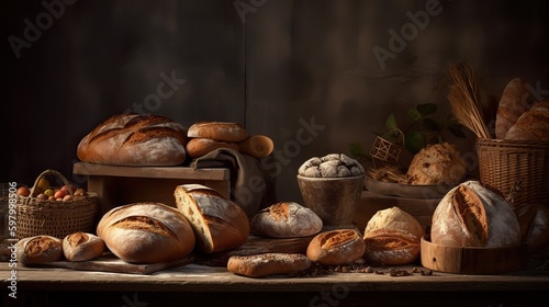 AI Generated. AI Generative. A lot of different fresh baked bread products and deserts. Bakerhouse warm vibe. Graphic Art