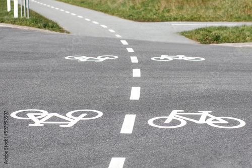 White road markings on the road showing the continuation of the movement of bicycles across the main road
