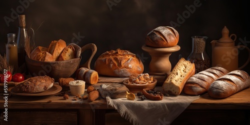 AI Generated. AI Generative. A lot of different fresh baked bread products and deserts. Bakerhouse warm vibe. Graphic Art