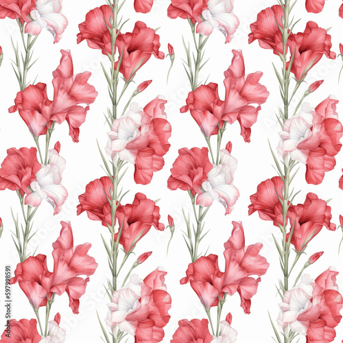 Seamless pattern with many pink gladioli on white background in watercolor style. Generative AI.