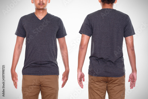 Man in blank gray t-shirt front and rear isolated on gray background. Shirt design