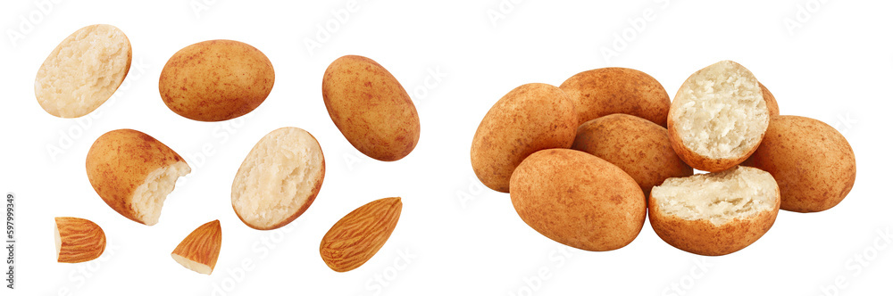 Marzipan balls or potatoes with almond isolated on white background full depth of field. Top view. Flat lay Marzipan balls or potatoes with almond isolated on white background full depth of field. Top view. Flat lay