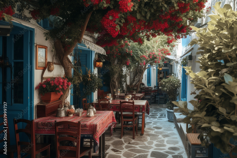 A charming and cozy tavern in Greece, with traditional decor and mouth-watering cuisine. Ai generated. A charming and cozy tavern in Greece, with traditional decor and mouth-watering cuisine. Ai generated.