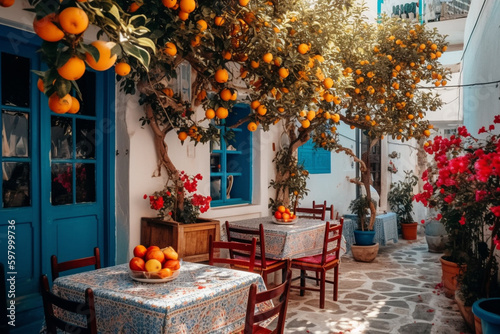 Fototapeta A charming and cozy tavern in Greece, with traditional decor and mouth-watering cuisine