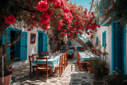 A charming and cozy tavern in Greece, with traditional decor and mouth-watering cuisine. Ai generated.