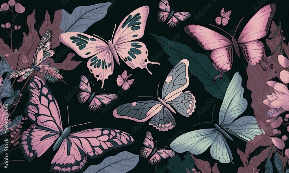 Fototapeta premium Dark gothic illustration of butterflies on black background. Generative AI.
