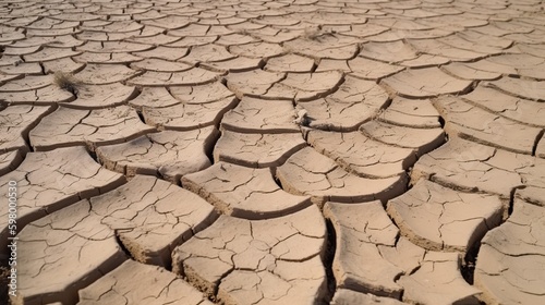 Desiccated lakebed with fissured terrain, stark scenery, embodying the idea of climate transformation. Generative AI