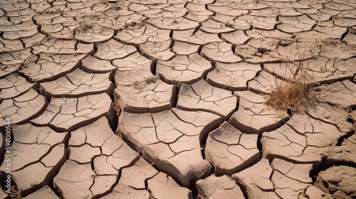 Desiccated lakebed with fissured terrain, stark scenery, embodying the idea of climate transformation. Generative AI