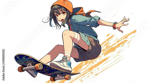 a cool anime skatergirl in action pose, generative ai technology