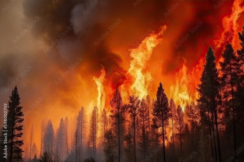 Astonishing ecological calamity represented by an extensive, raging forest fire. Generative AI