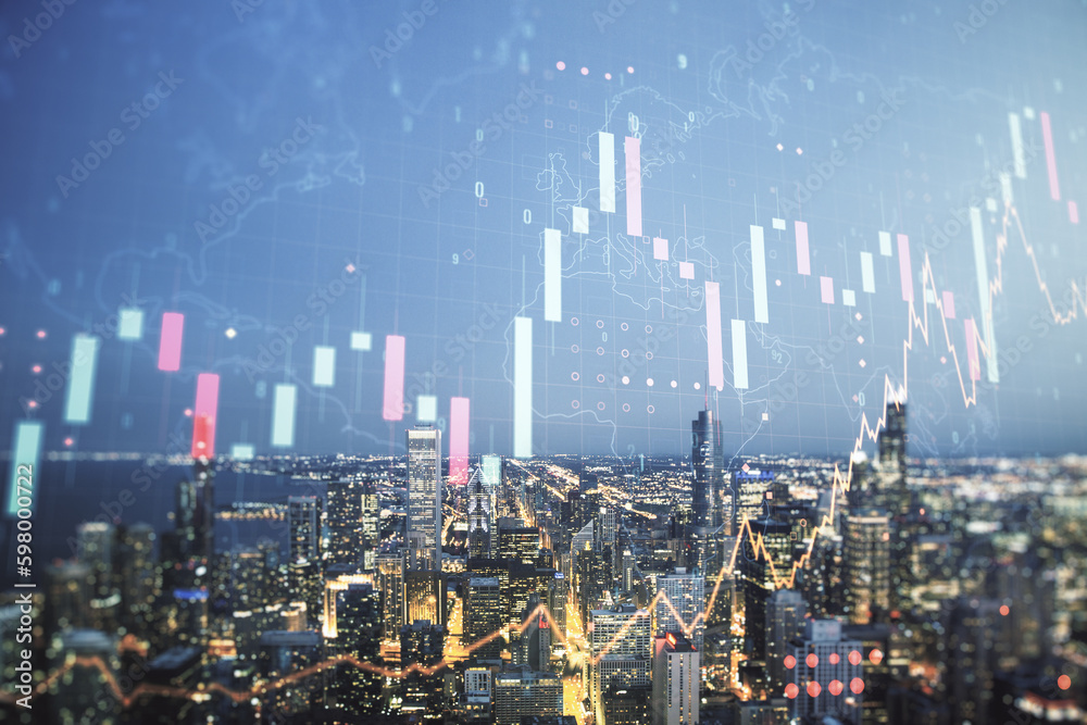Multi exposure of virtual creative financial graph and world map on Chicago city skyline background, forex and investment concept