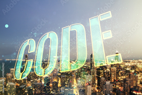 Code word hologram on Chicago skyscrapers background, artificial intelligence and neural networks concept. Multiexposure