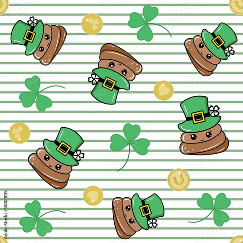 A festive pattern for Patrick's Day on a striped background with poop in a hat, money and clover