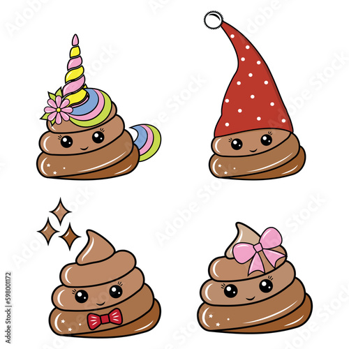 A set of characters kawaii poop girl, boy, unicorn, gnome. Color vector illustration in cartoon style