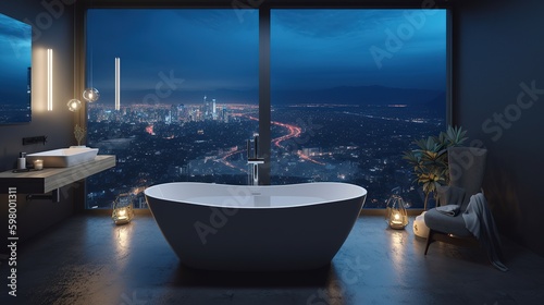 A modern bathroom interior with a beautiful view of the urban skyline during blue hour. 
