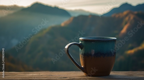 A mug with beautiful mountains behind