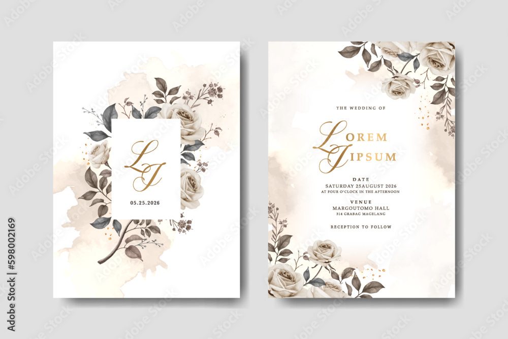 wedding invitation set template with beautiful rose flowers