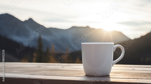 A white mug with the sun and mountains behind, Generative AI