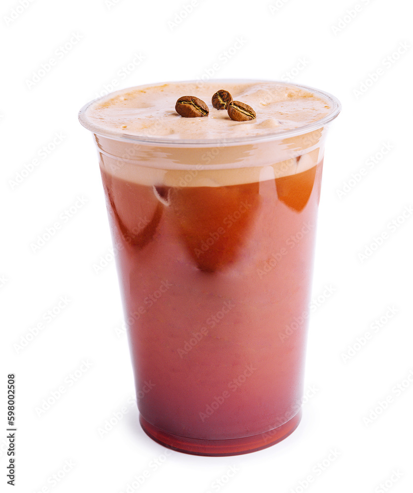 Dalgona Coffee Cream with milk in cup with coffee beans Dalgona Coffee Cream with milk in cup with coffee beans