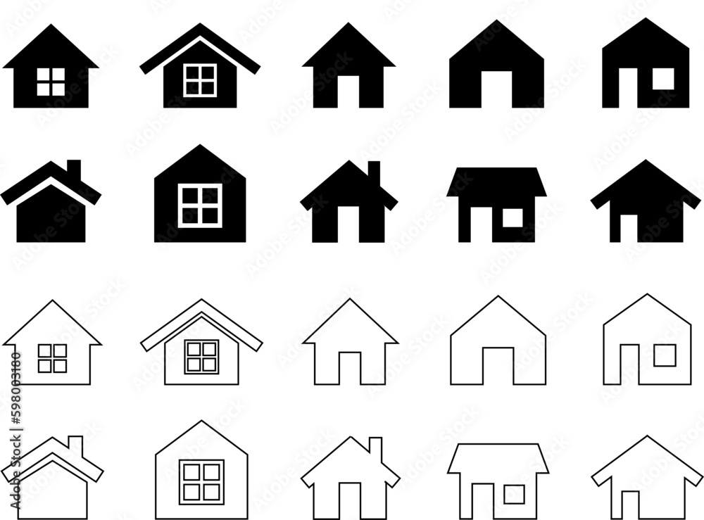 Collection home icons. House symbol. Set of real estate objects and houses black icons isolated on white background. Vector Collection home icons. House symbol. Set of real estate objects and houses black icons isolated on white background. Vector
