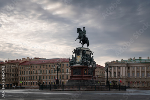 View of the St. Isaac's Square and the monument to Emperor Nicholas I on a summer morning, St. Petersburg, Russia. The inscription 