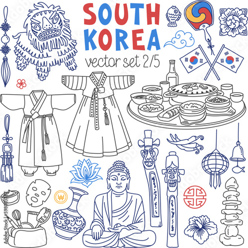 South Korea traditional symbols, food and landmarks doodle set. Drawings isolated on white background. Outline stroke is not expanded, stroke weight is editable
