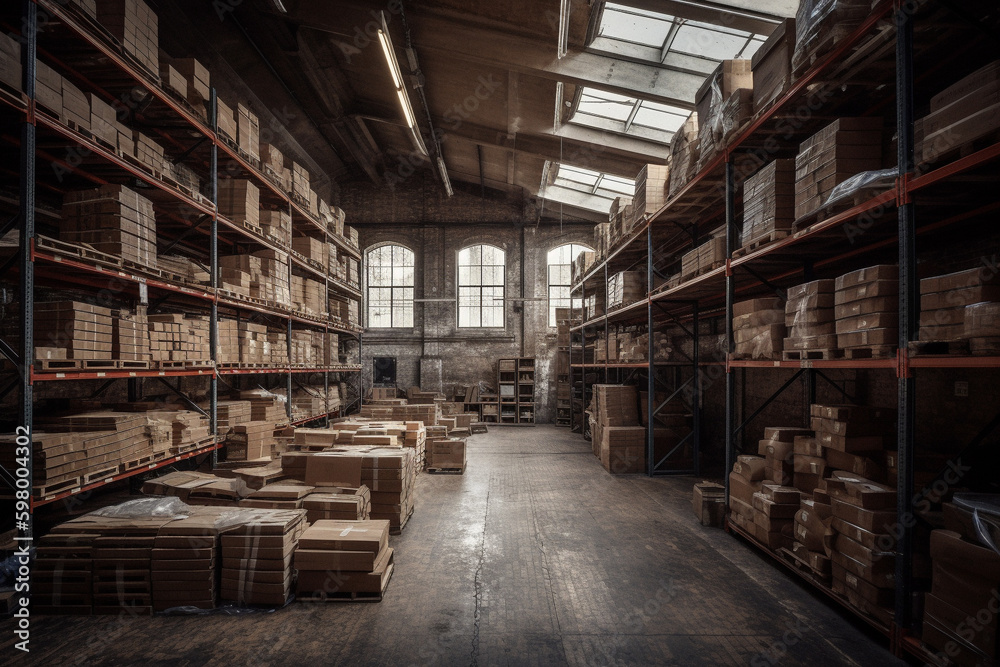 A spacious warehouse filled to the brim with parcels, offering plenty of storage space for various goods. Ai generated. A spacious warehouse filled to the brim with parcels, offering plenty of storage space for various goods. Ai generated.