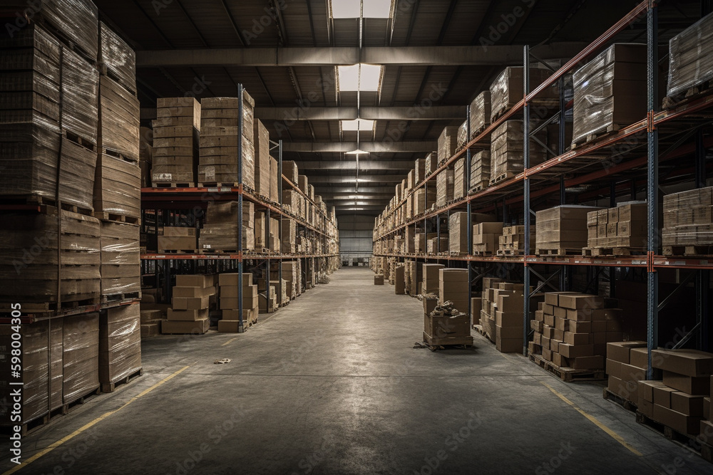 A spacious warehouse filled to the brim with parcels, offering plenty of storage space for various goods. Ai generated. A spacious warehouse filled to the brim with parcels, offering plenty of storage space for various goods. Ai generated.