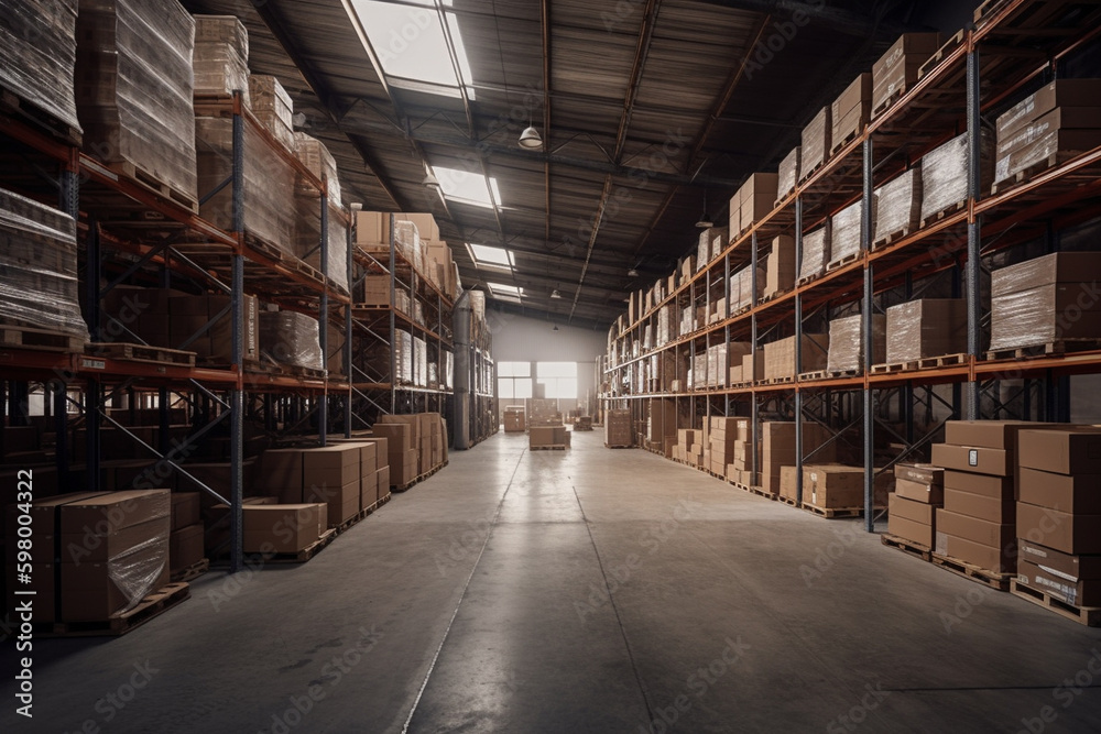 A spacious warehouse filled to the brim with parcels, offering plenty of storage space for various goods. Ai generated. A spacious warehouse filled to the brim with parcels, offering plenty of storage space for various goods. Ai generated.