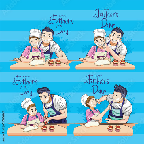 Set of Father's Day Illustrations Depicting Father and Daughter Cooking Together Vector Illustration