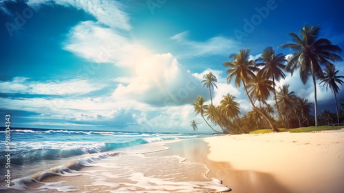 Tranquil Empty Beach with Palm Trees Against Blue Sky and Clouds
