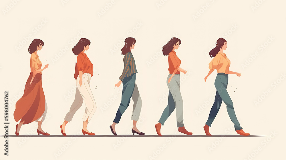 Naklejka premium beautiful walking women in a row, cartoon sketch, generative ai technology