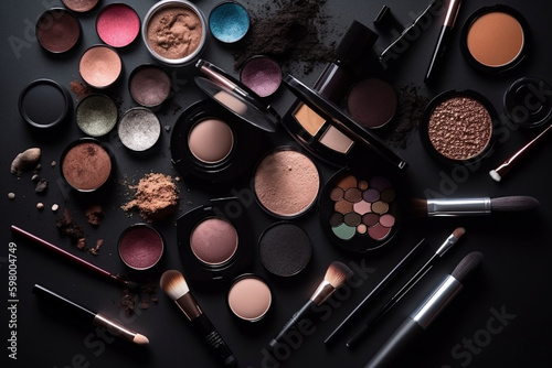 A lavish and colorful display of various make-up products, perfect for achieving a glamorous and stunning look. Ai generated.