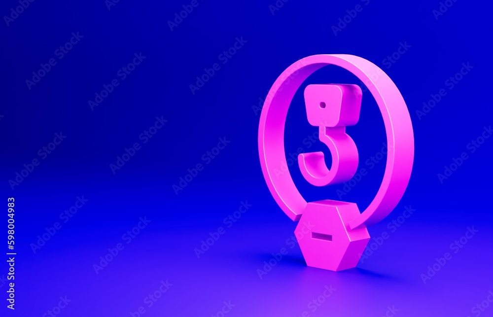 Pink Industrial hook icon isolated on blue background. Crane hook icon. Minimalism concept. 3D render illustration Pink Industrial hook icon isolated on blue background. Crane hook icon. Minimalism concept. 3D render illustration