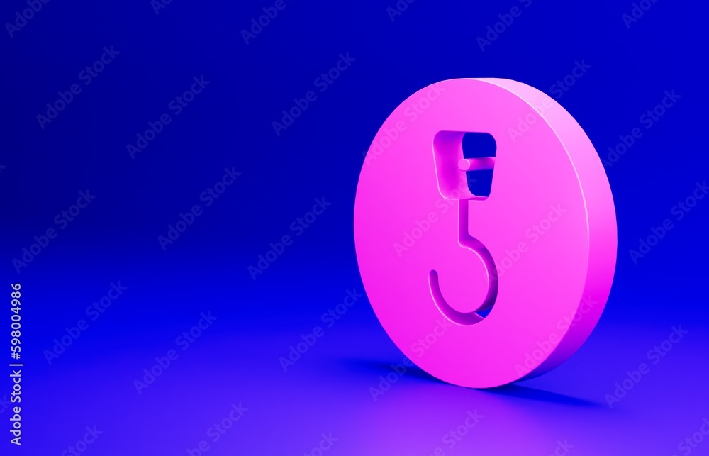 Pink Industrial hook icon isolated on blue background. Crane hook icon. Minimalism concept. 3D render illustration Pink Industrial hook icon isolated on blue background. Crane hook icon. Minimalism concept. 3D render illustration