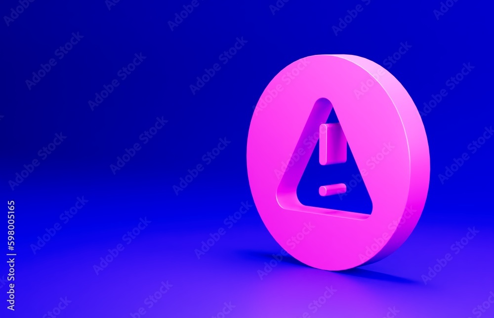 Pink Exclamation mark in triangle icon isolated on blue background. Hazard warning sign, careful, attention, danger warning important. Minimalism concept. 3D render illustration Pink Exclamation mark in triangle icon isolated on blue background. Hazard warning sign, careful, attention, danger warning important. Minimalism concept. 3D render illustration