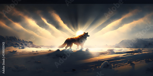 Wolf on the snow and sun in the background