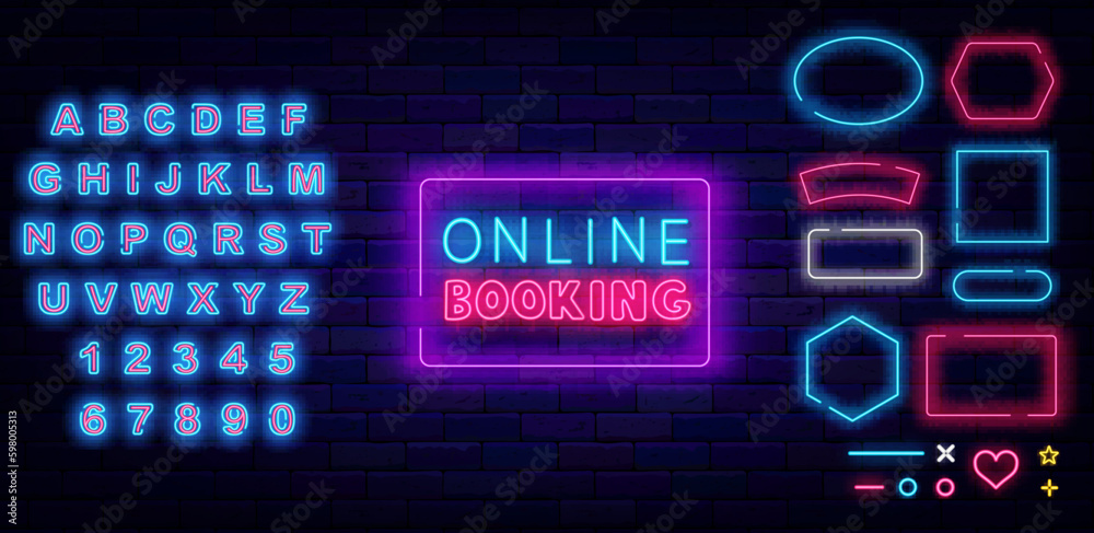 Online booking neon sign. Book now inscription. Luminous blue alphabet. Frames set. Vector illustration Online booking neon sign. Book now inscription. Luminous blue alphabet. Frames set. Vector illustration