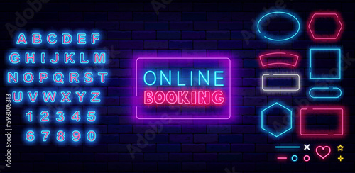 Online booking neon sign. Book now inscription. Luminous blue alphabet. Frames set. Vector illustration