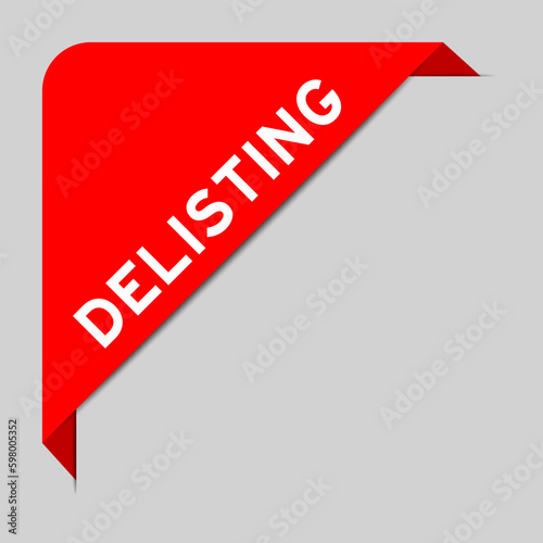 Red color of corner label banner with word delisting on gray background
