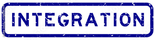 Grunge blue integration word square rubber seal stamp on white background