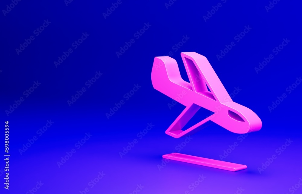 Pink Plane landing icon isolated on blue background. Airplane transport symbol. Minimalism concept. 3D render illustration Pink Plane landing icon isolated on blue background. Airplane transport symbol. Minimalism concept. 3D render illustration