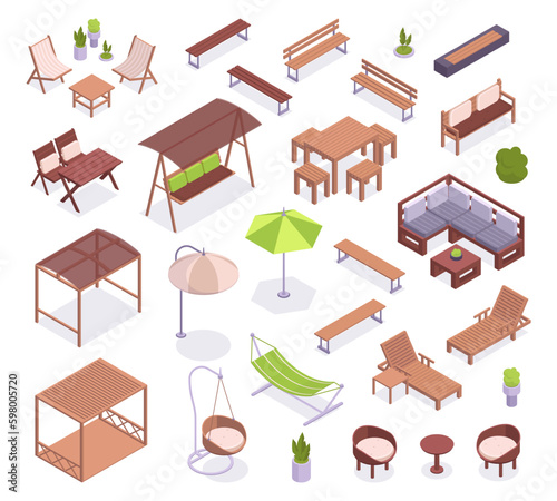 Isometric garden furniture. Chairs, umbrella, hammock and table, comfortable terrace or backyard furniture 3d vector illustration set. Backyard furniture collection
